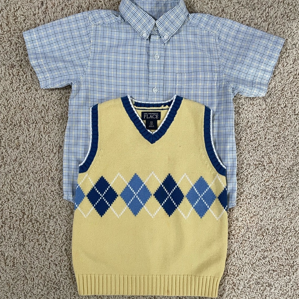 The Children's Place Blue and Yellow Button Down Shirt with vest
